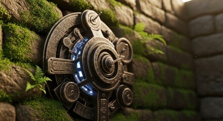 Ancient alien device with engraved hieroglyphs embedded in a mossy stone wall. Extraterrestrial technology and mystery.