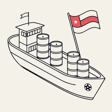 Illustration of a cargo ship carrying oil barrels and flying the flag of amazonas state brazil