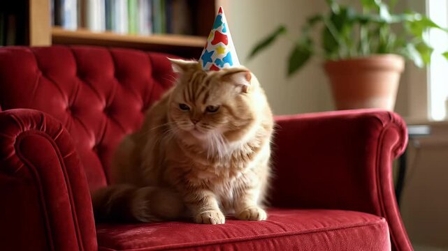 Fluffy Orange Cat in Party Hat on Red Armchair Looking Unamused