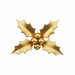 A golden Christmas holly statuette, isolated on a white