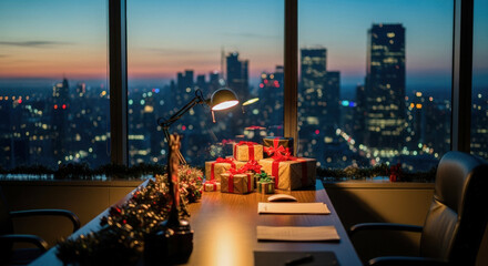 Warm Christmas Office Scene with City Skyline View
