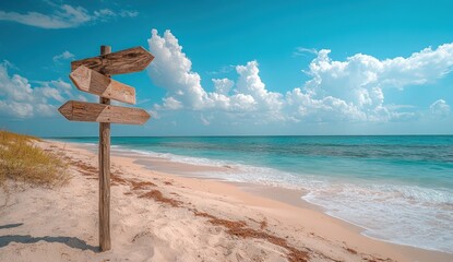 Rustic wooden signpost on sandy beach points towards turquoise ocean under a bright cloudy sky