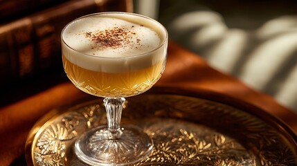 An elegant golden-toned cocktail with a frothy top, showcasing the perfect blend of flavors in a beautifully crafted glass