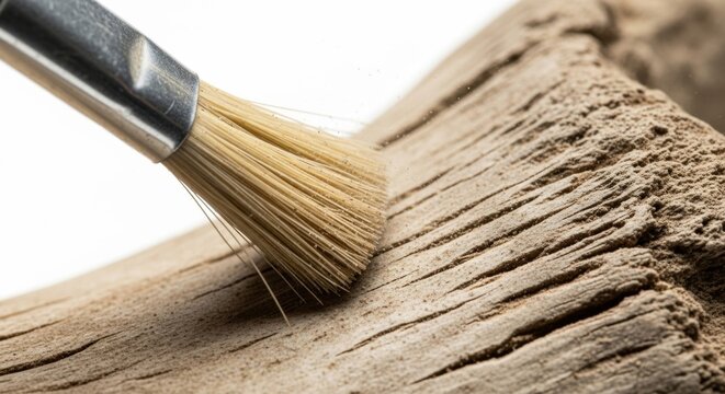 Close up of brush removing sand from ancient hieroglyphics. Archeology excavation of alien technology. Extraterrestrial artifact.