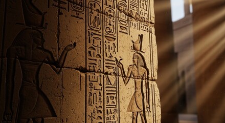 Ancient Egyptian hieroglyphs with man carved on stone column. Historical artifact showing alien technology concept for travel.