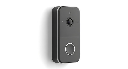 Fototapeta premium A close up of a rectangular black doorbell with a camera and button on a white background wall ai generated