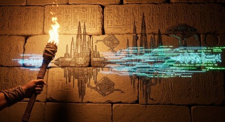 Man holding torch illuminating ancient hieroglyphs with projections of advanced alien technology. Extraterrestrial history and ancient civilization concept.