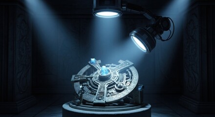 Ancient metal device with glowing blue crystals. Alien technology concept for science fiction novel cover. Extraterrestrial artifact display.