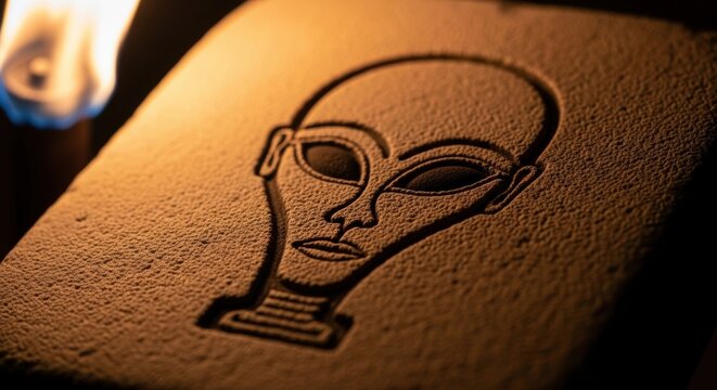 Alien head engraved on stone tablet with mysterious hieroglyphs in warm light. Ancient extraterrestrial technology and mystery.