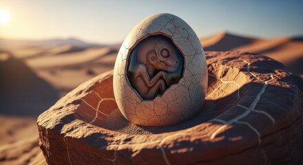 Mysterious alien creature emerging from a cracked egg in a desert landscape. Extraterrestrial life and ancient hieroglyphics.