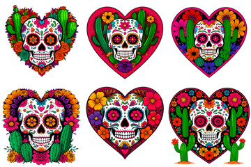 Set of colorful sugar skulls and hearts with flowers and cacti isolated on transparent background