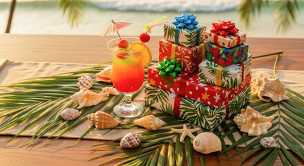 Tropical Holiday Cocktail with Presents on Wooden Table