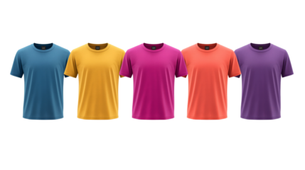 Five colorful t-shirts showing vibrant summer fashion on transparent background