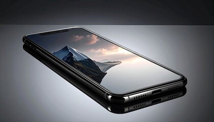 Smartphone Displaying a Mountain Landscape with Sunset Sky on a Reflective Surface with Dark Gray Background