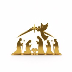A golden nativity scene statuette, isolated on a white