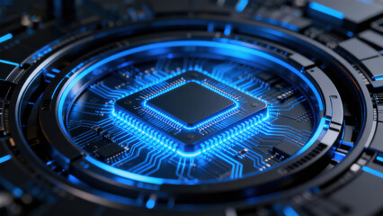 Fototapeta premium Futuristic Blue Microchip on Circuit Board with Circular Accents