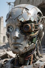 Humanoid robot with cracked face glowing damaged eye and exposed circuits standing in ruins concept of dystopian AI AGI ASI machine danger war and extinction future
