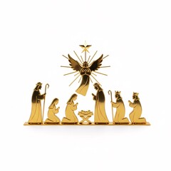 A golden nativity scene statuette, isolated on a white