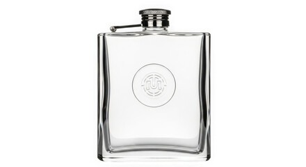 3d clear glass hip flask with embossed logo isolated on transparent background