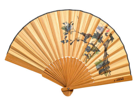 Light brown bamboo hand fan, painted with dark-colored floral and bird design
