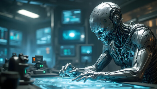 Futuristic humanoid robot writing advanced equations on digital screen in high tech laboratory with glowing holograms and robotic arms