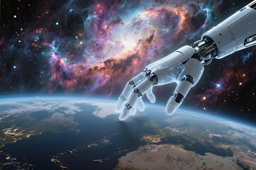 Futuristic robotic hand touching Earth from space with colorful galaxy in background symbolizing AI exploration and technological reach