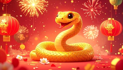 Animated, golden snake, smiling, celebrating a festive occasion with vibrant fireworks, lanterns, and confetti on a red background