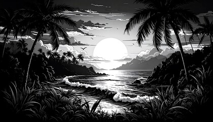 Dramatic black and white tropical sunset