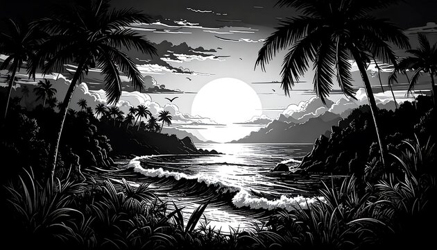 Dramatic black and white tropical sunset