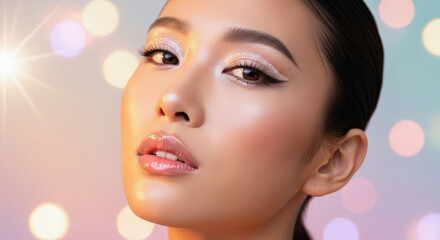 Radiant Asian woman with stunning glitter eyeshadow and captivating eye makeup