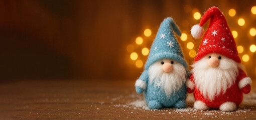 Obraz premium Funny cute toy Christmas gnome with white beard and hat on festive New Year background