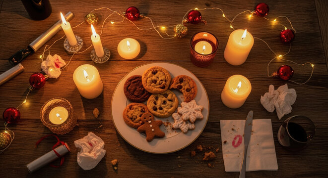 Warm Christmas Table Setting with Delicious Cookies and Festive Candles - Powered by Adobe