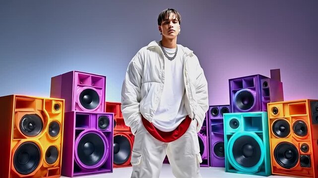 A man standing in front of a bunch of colorful speakers