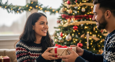 Smiling woman offers wrapped Christmas gift to happy man in cozy holiday setting
