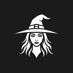 Portrait of a witch with a hat and long hair in a minimalist style on a black background