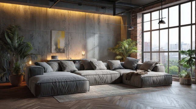Luxurious industrial loft apartment living room with cozy modular sectional sofa, exposed concrete walls, and a large window overlooking the city skyline, illuminated by warm evening lighting