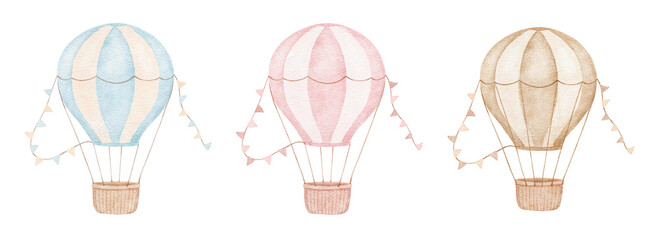 Hot air balloon with flags in blue, pink and brown colors. Watercolor isolated illustrations for gender party