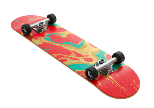 Skateboard Deck: Red, Gold, Teal Marble Design, Professional Skateboard Trucks, Extreme Sports Equipment