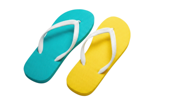 Pair of turquoise and yellow flip flops isolated PNG with Transparent Background