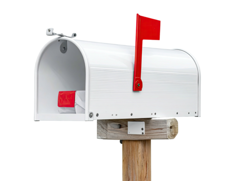 White mailbox with red flag on wooden post