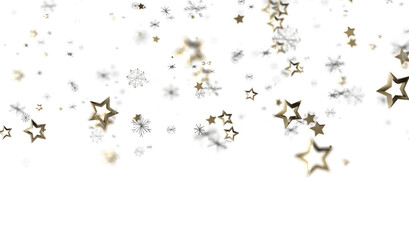 Sparkling gold stars and snowflakes on white. Perfect for holidays, winter, celebration.