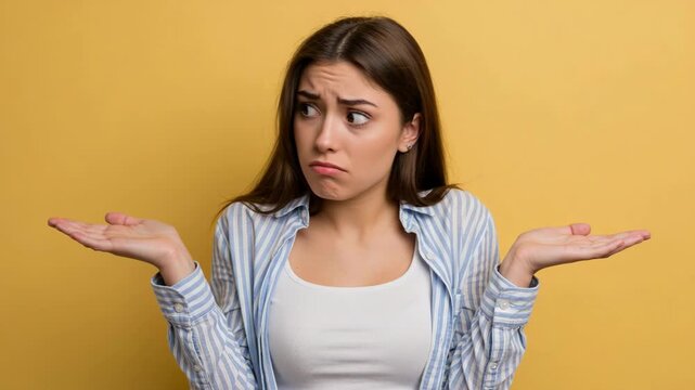 Young woman shrugging shoulders with a confused expression on yellow background