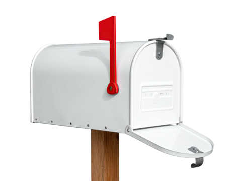 White mailbox with red flag, open flap