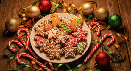 Delicious assortment of gingerbread cookies with festive holiday decorations on a wooden table