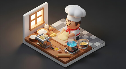 cute chef making fresh pasta kitchen scene
