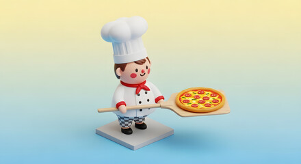 cute chef character holding delicious pepperoni pizza