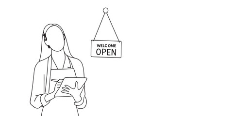 Minimalist line art illustration of a woman in apron holding a tablet or order pad, with a hanging Welcome Open sign, symbolizing shop opening, café business, small restaurant, customer service