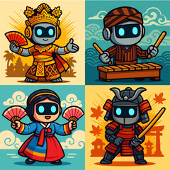 Cultural Robot Set of Asian Traditional Characters in Retro Futuristic Style
