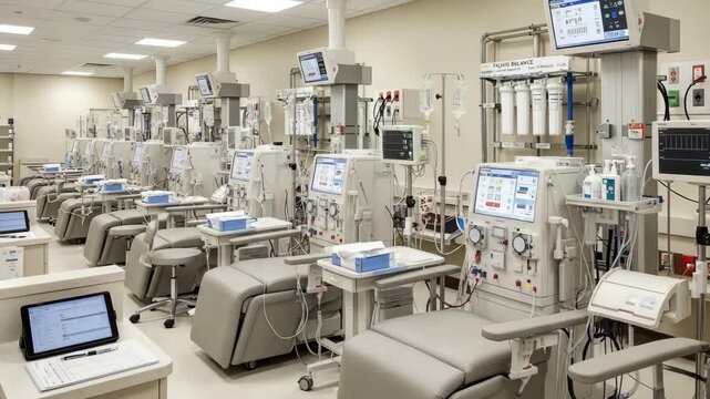 Modern dialysis treatment room with multiple dialysis machines, clean and organized hospital, medical technology, healthcare facility, sterile environment