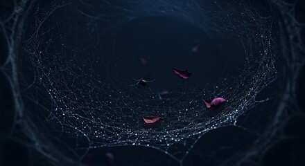 Black spider on a glistening web with water droplets and red rose petals against a dark background